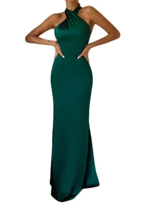 Women Long Dress Cross Halter Backless